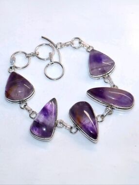 Chevron Amethyst Gemstone 925 Sterling Silver Handmade Bracelet